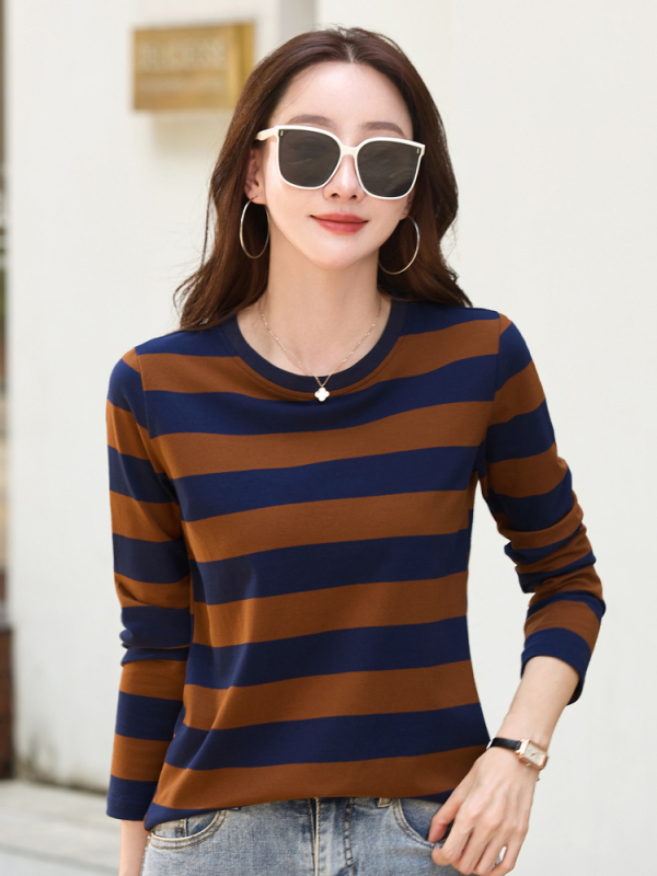 Tavaszi új hosszú ujjú női alsónemű póló, öregedésgátló csíkos kis ing, őszi plus size bő felső, nagykereskedelemben