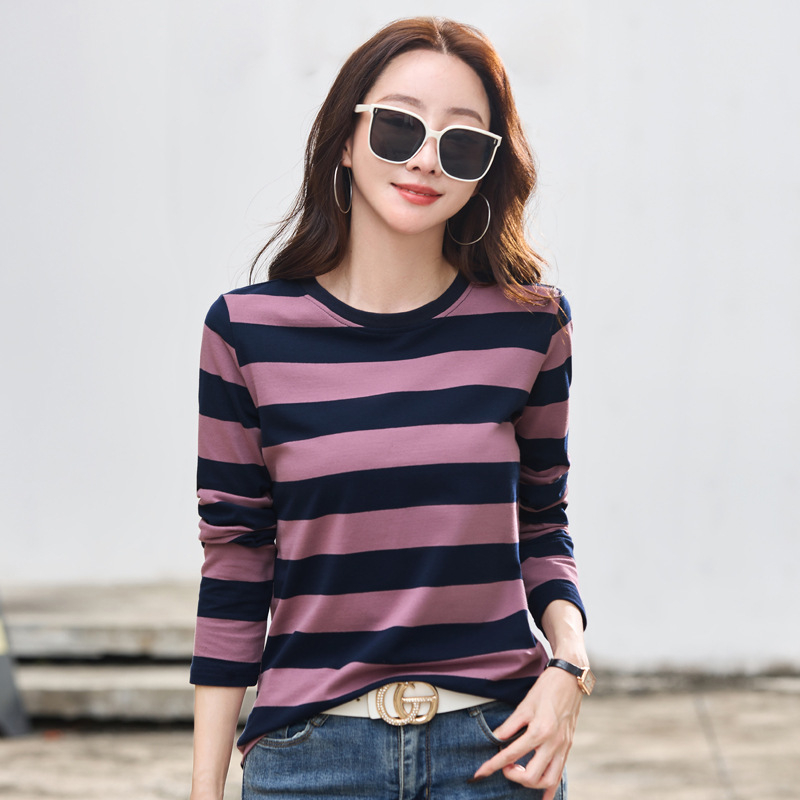 Tavaszi új hosszú ujjú női alsónemű póló, öregedésgátló csíkos kis ing, őszi plus size bő felső, nagykereskedelemben