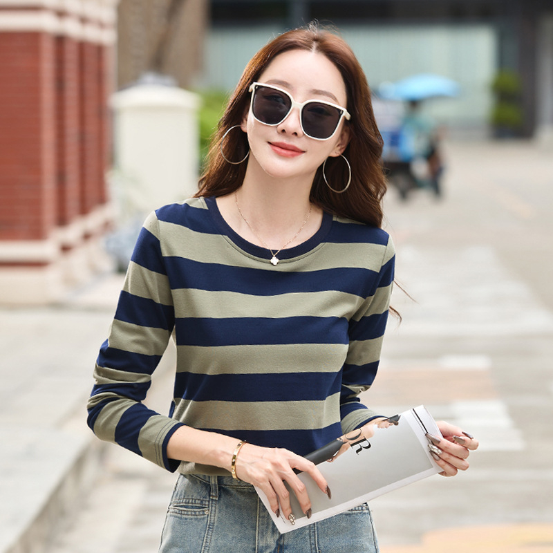 Tavaszi új hosszú ujjú női alsónemű póló, öregedésgátló csíkos kis ing, őszi plus size bő felső, nagykereskedelemben