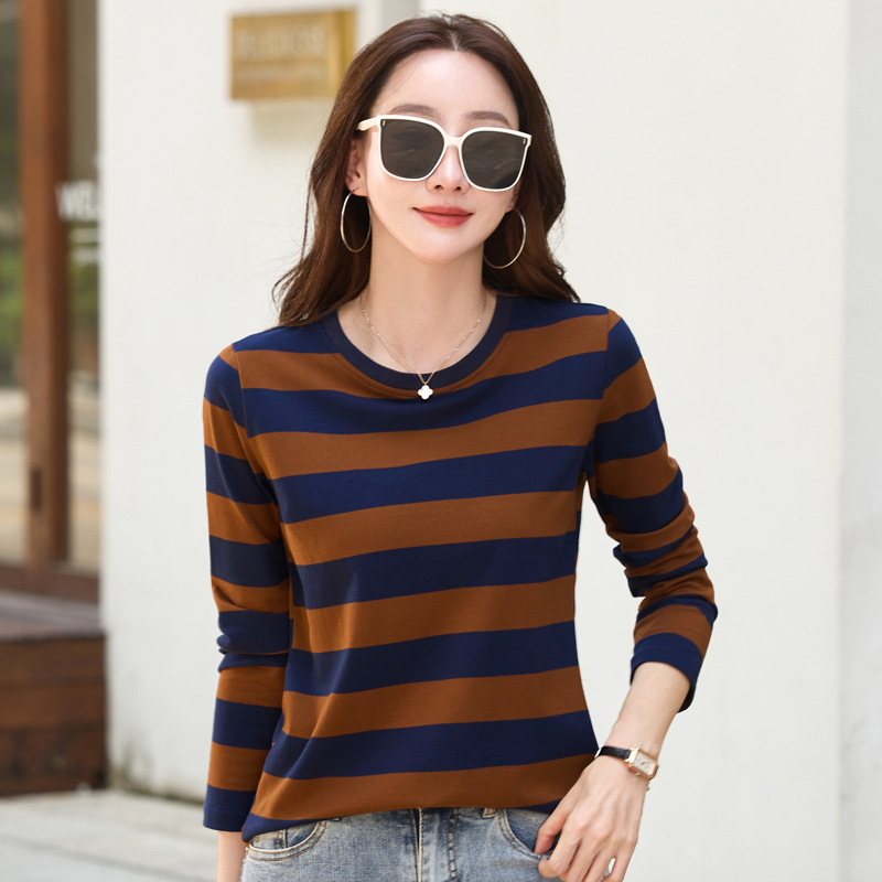 Tavaszi új hosszú ujjú női alsónemű póló, öregedésgátló csíkos kis ing, őszi plus size bő felső, nagykereskedelemben
