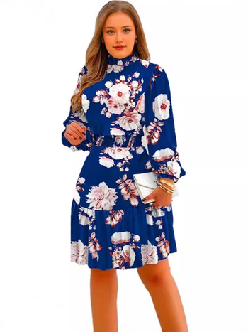 Női hosszú ujjú, virágmintás, halomgalléros, rugalmas derekú ruha