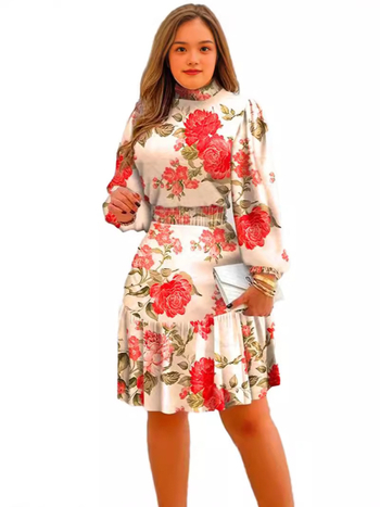 Női hosszú ujjú, virágmintás, halomgalléros, rugalmas derekú ruha