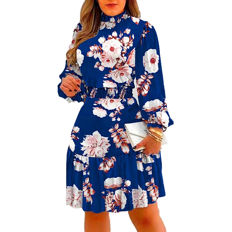 Női hosszú ujjú, virágmintás, halomgalléros, rugalmas derekú ruha