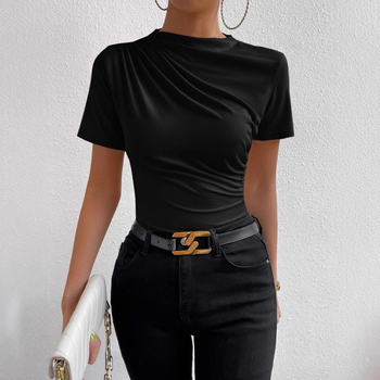 Amazon Európa és az Egyesült Államok határokon átnyúló AliExpress független állomású tavaszi/nyári 2024 kis méretű, magas gallérú, rakott, vékony, rövid ujjú női póló