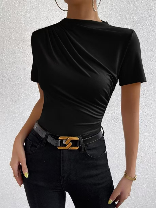 Amazon Európa és az Egyesült Államok határokon átnyúló AliExpress független állomású tavaszi/nyári 2024 kis méretű, magas gallérú, rakott, vékony, rövid ujjú női póló