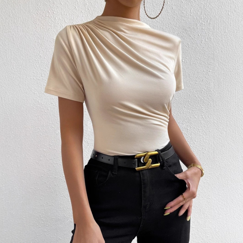 Amazon Európa és az Egyesült Államok határokon átnyúló AliExpress független állomású tavaszi/nyári 2024 kis méretű, magas gallérú, rakott, vékony, rövid ujjú női póló