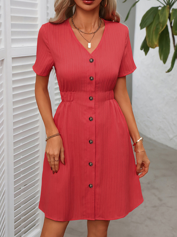 Amazon európai és amerikai határokon átnyúló női tavaszi és nyári elegáns, tiszta színű, V-nyakú, rövid ujjú, kardigános, A-vonalú szoknyás ruha