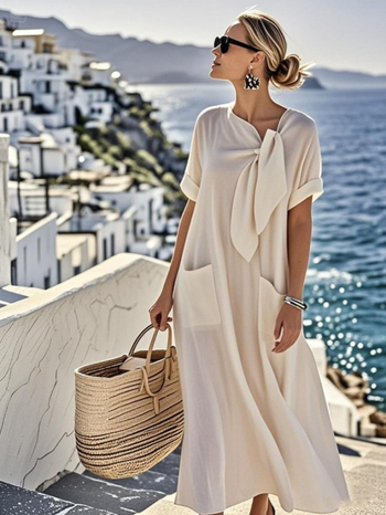 Amazon 2025 elegáns rövid ujjú, masnis, nagy szegélyű, laza hosszú szoknya