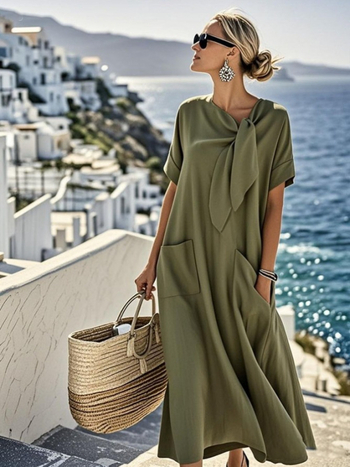 Amazon 2025 elegáns rövid ujjú, masnis, nagy szegélyű, laza hosszú szoknya