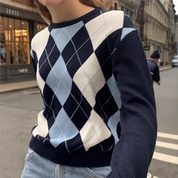 2025 Amazon kötött női pulóver, vastagított, jacquard gyémántmintás, hosszú ujjú, kereknyakú, tavaszi és őszi női pulóver