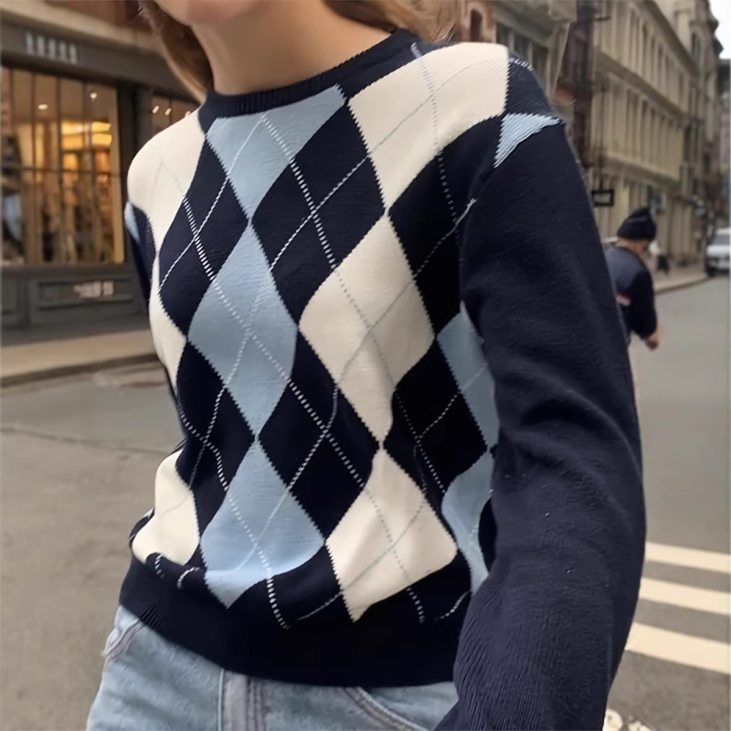 2025 Amazon kötött női pulóver, vastagított, jacquard gyémántmintás, hosszú ujjú, kereknyakú, tavaszi és őszi női pulóver