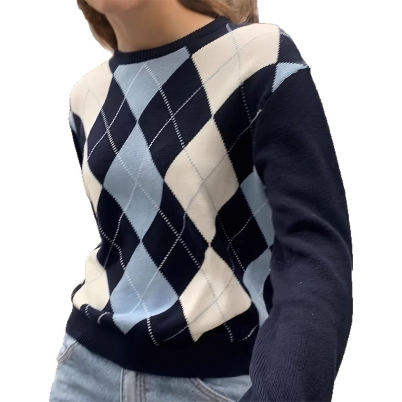 2025 Amazon kötött női pulóver, vastagított, jacquard gyémántmintás, hosszú ujjú, kereknyakú, tavaszi és őszi női pulóver