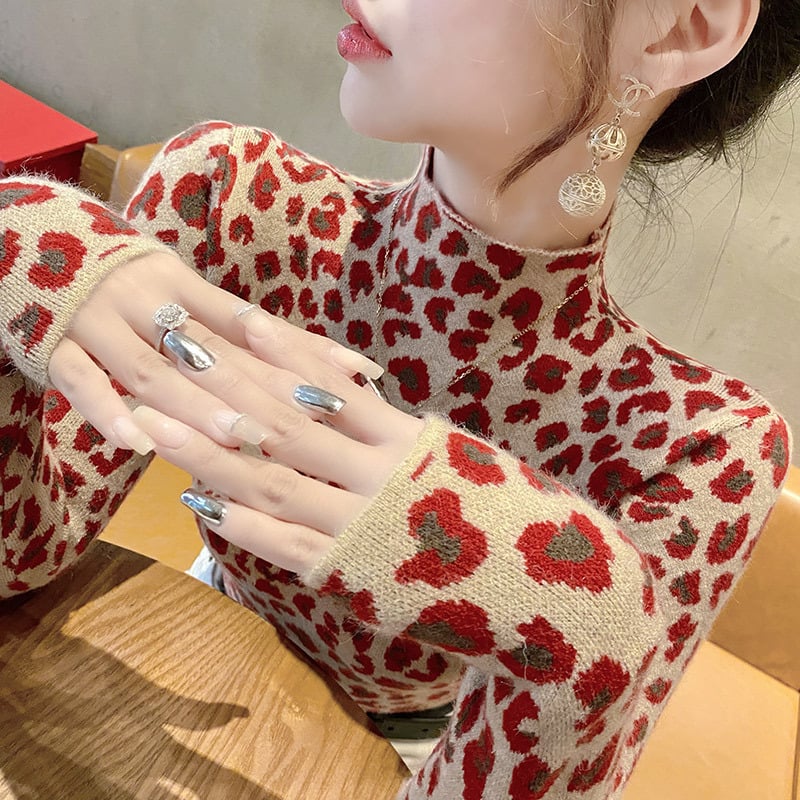 Toamna și iarna 2024 Tricotaje noi pentru femei cu guler înalt și imprimeu leopard Tricotaje în stil străin Cămașă de toamnă timpurie cu partea de sus interioară