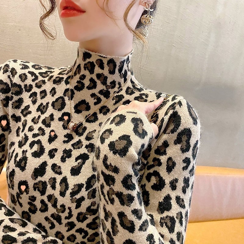 Toamna și iarna 2024 Tricotaje noi pentru femei cu guler înalt și imprimeu leopard Tricotaje în stil străin Cămașă de toamnă timpurie cu partea de sus interioară
