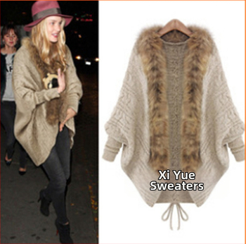 Aliexpress Φθινόπωρο και Χειμώνας 2025 Νέα Ευρωπαϊκή και Αμερικανική Εξαγωγή Χαλαρό Μεγάλο Μέγεθος Πλεκτό Ζακέτα με Μανίκια Νυχτερίδας και Γούνινο Γιακά.