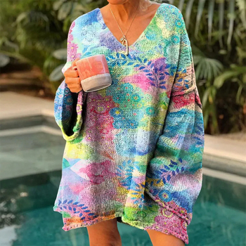 Független Állomású Európai és Amerikai Új Plus Méretű Női V Nyakú Pulóver Etnikai Stílusú Színes Csíkos Laza Hétköznapi Hosszú Ujjú Pulóver