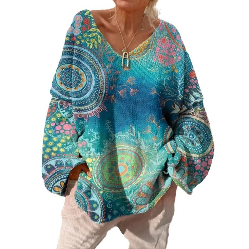 Független Állomású Európai és Amerikai Új Plus Méretű Női V Nyakú Pulóver Etnikai Stílusú Színes Csíkos Laza Hétköznapi Hosszú Ujjú Pulóver