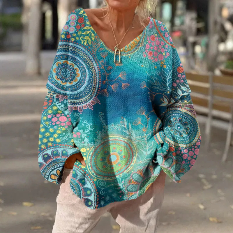 Független Állomású Európai és Amerikai Új Plus Méretű Női V Nyakú Pulóver Etnikai Stílusú Színes Csíkos Laza Hétköznapi Hosszú Ujjú Pulóver