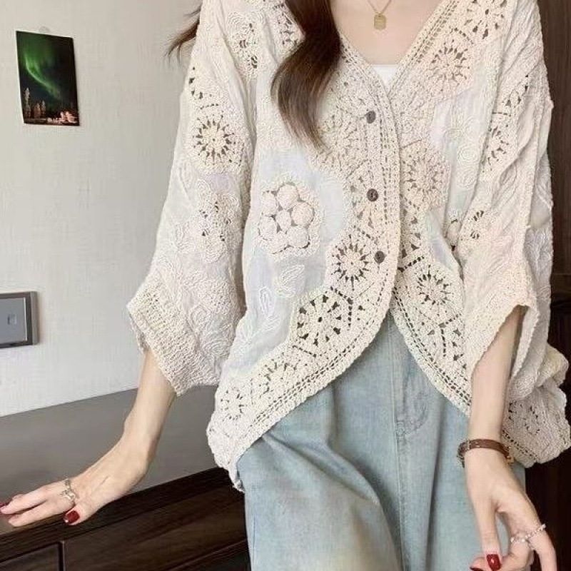 Ainulaadne ja stiilne heegeldatud õõnespitsist kardigan naistele, 2025. aasta suvine uus pluss-suuruses päikesekaitsepluus kolmveerandvarrukatega