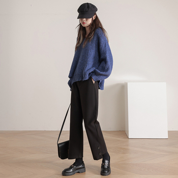 Дамски вълнени панталони, есенни и зимни, 2023, нови, свободни, широки, ежедневни, с висока талия, прави, с малък размер