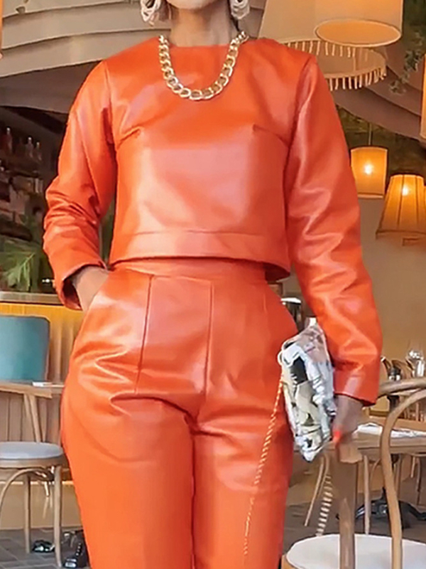 Populiarus tarpvalstybinės prekybos naujas PU odinės striukės komplektas, laisvalaikio, universalus, madingas, stilingas, juosmenį atidengiantis viršus