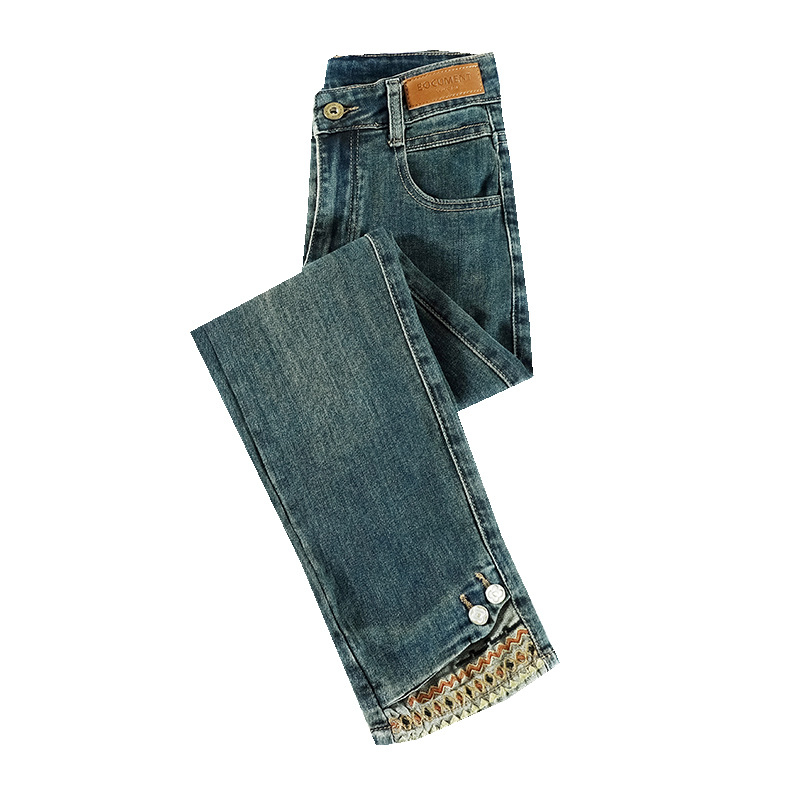 Vintage egyenes szárú farmer női 2025 tavaszi rugalmas Guofeng hímzéses keskeny kilencágú francia pipaszárnadrág