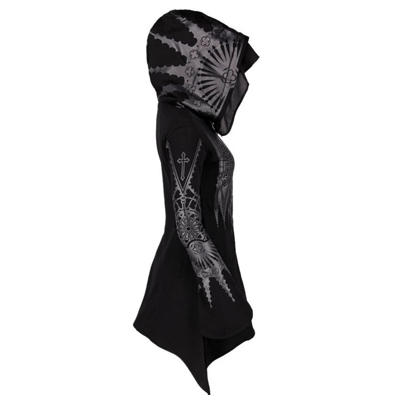 2022 őszi és téli Ebay Amazon európai és amerikai külkereskedelmi női punk stílusú fekete hosszú kapucnis mintás pulóver