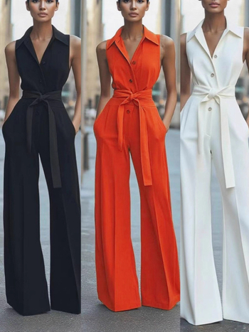 2025 Amazon európai és amerikai külkereskedelmi női divatos inggalléros, egyszínű, széles szárú európai és amerikai ingázós irodai overál