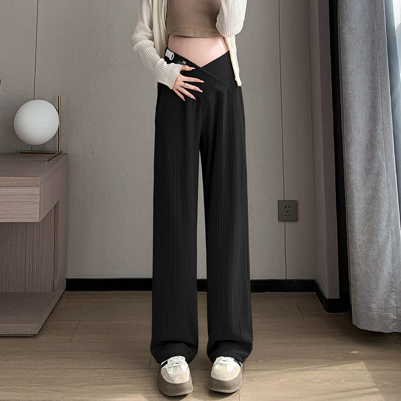 Várandós női nadrágok tavasszal és ősszel, széles szárú nadrágot viselnek, divatos, mindenhez illő, laza, hétköznapi, keresztpántos, függőleges, alacsony derekú nadrágok