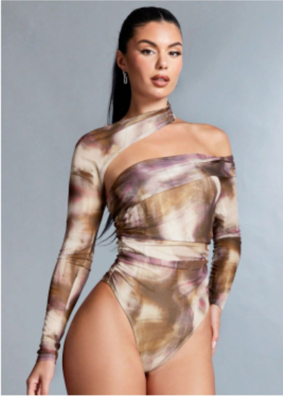 Ayj24S159--Divatos, digitális nyomtatású, retró stílusú, elegáns, testhezálló, szexi, váll nélküli, aszimmetrikus felső