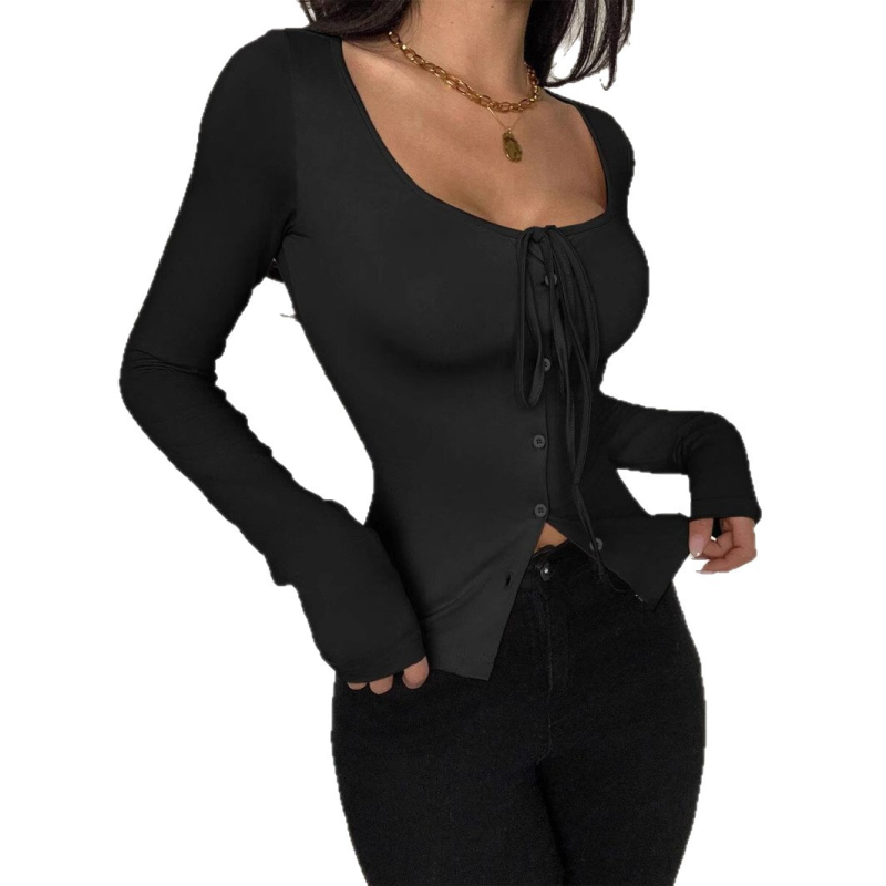 Amazon határokon átnyúló európai és amerikai 2025 nyári új, tiszta színű, vékony, gombos, dekoratív, fűzős kardigán, hosszú ujjú női póló