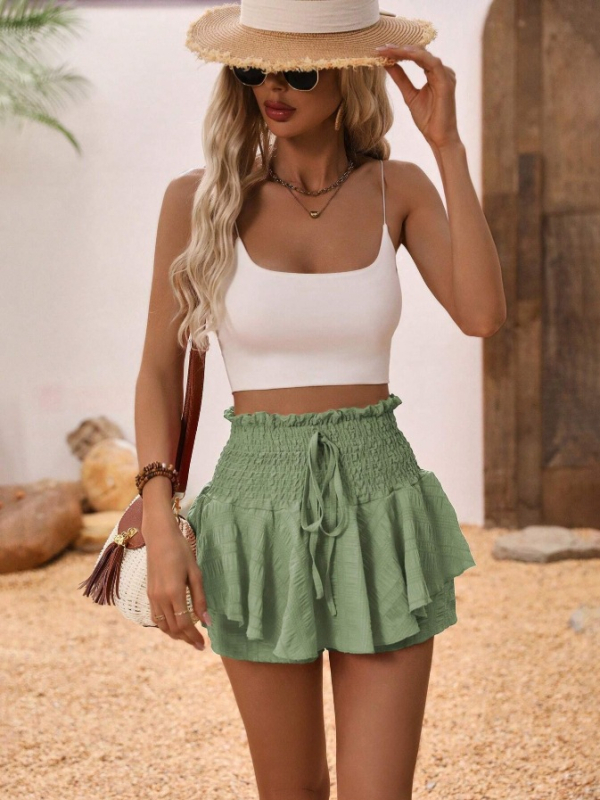 2025-ös európai és amerikai független állomásos nyaralós stílusú magas derekú, rakott, frissen fodros, magasan takaró, csípőt takaró, húzózsinóros, sokoldalú culottes