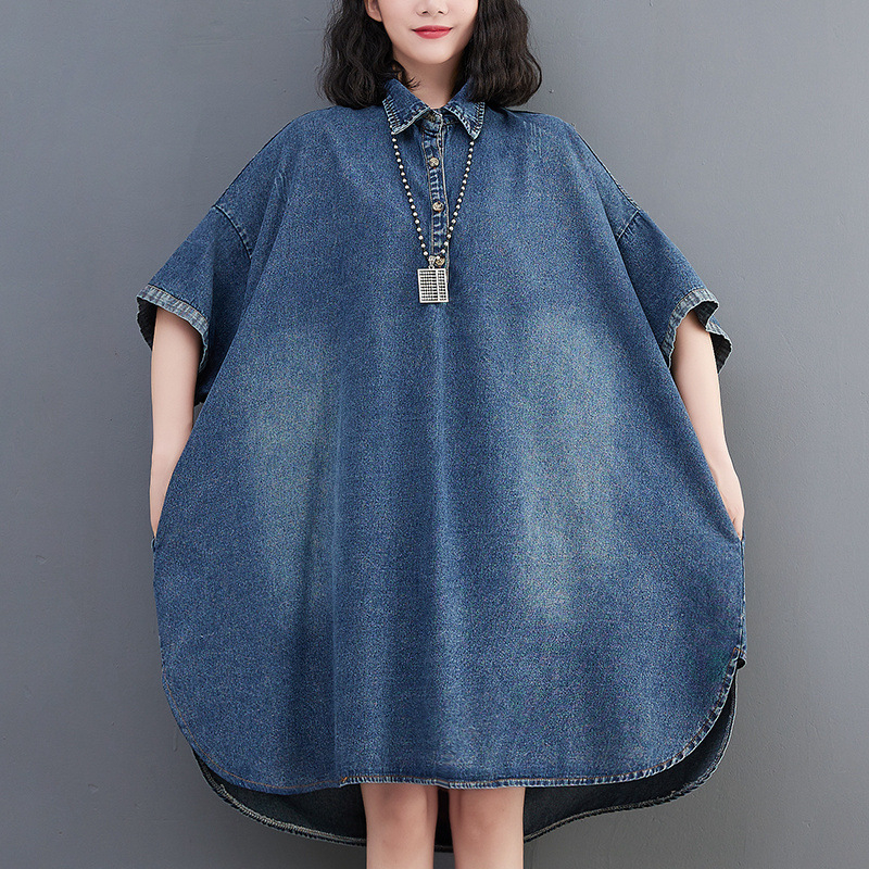 Rochie de vară subțire din denim, fotografie reală în stoc, stil Hong Kong, la modă, față, scurtă, spate, lungă, largă, lejeră, stil mare, cămașă, fustă, vară, rochie subțire din denim