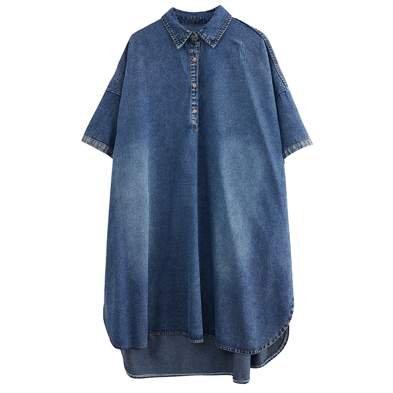 Rochie de vară subțire din denim, fotografie reală în stoc, stil Hong Kong, la modă, față, scurtă, spate, lungă, largă, lejeră, stil mare, cămașă, fustă, vară, rochie subțire din denim