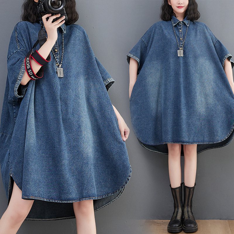 Rochie de vară subțire din denim, fotografie reală în stoc, stil Hong Kong, la modă, față, scurtă, spate, lungă, largă, lejeră, stil mare, cămașă, fustă, vară, rochie subțire din denim