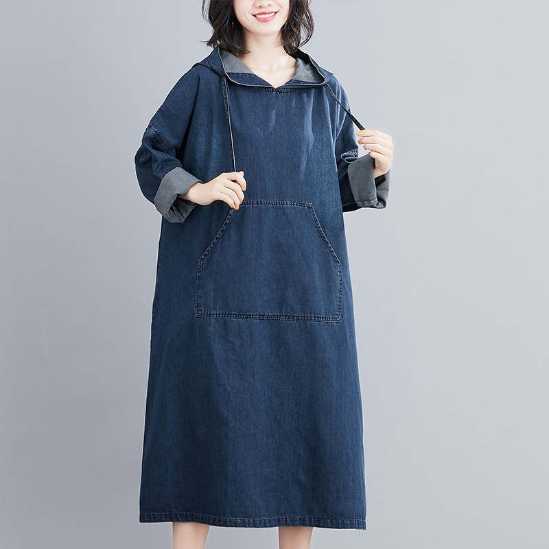 Őszi és téli japán és koreai új, középhosszú, bő, lezser, plus size karcsúsító farmerruha nőknek