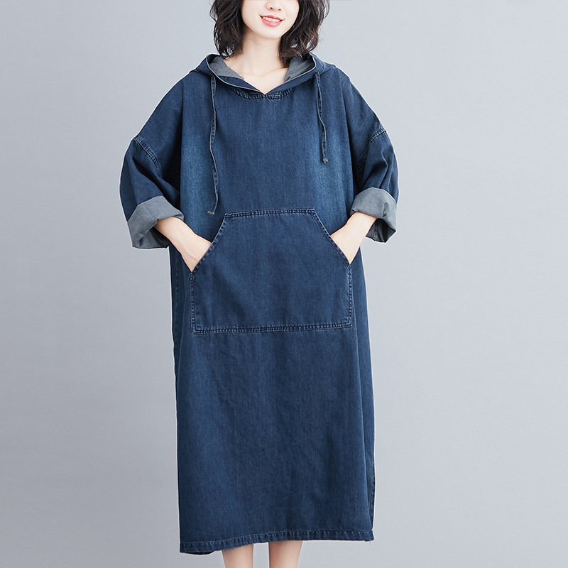 Őszi és téli japán és koreai új, középhosszú, bő, lezser, plus size karcsúsító farmerruha nőknek