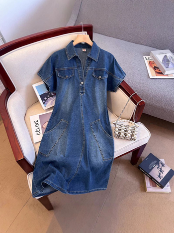 Divatos retró, rugalmas farmerruha, koreai változat, új, V-nyakú, rövid ujjú, karcsúsító, vintage, laza, farmer, középhosszú