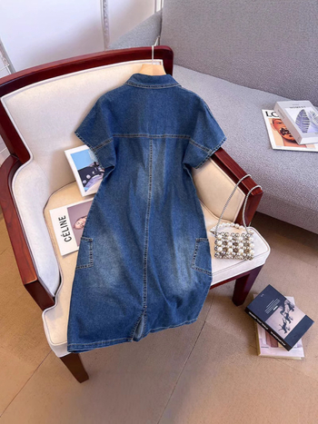 Divatos retró, rugalmas farmerruha, koreai változat, új, V-nyakú, rövid ujjú, karcsúsító, vintage, laza, farmer, középhosszú