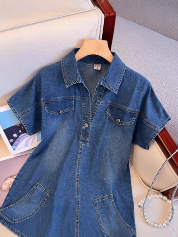 Divatos retró, rugalmas farmerruha, koreai változat, új, V-nyakú, rövid ujjú, karcsúsító, vintage, laza, farmer, középhosszú