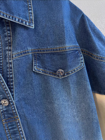 Divatos retró, rugalmas farmerruha, koreai változat, új, V-nyakú, rövid ujjú, karcsúsító, vintage, laza, farmer, középhosszú