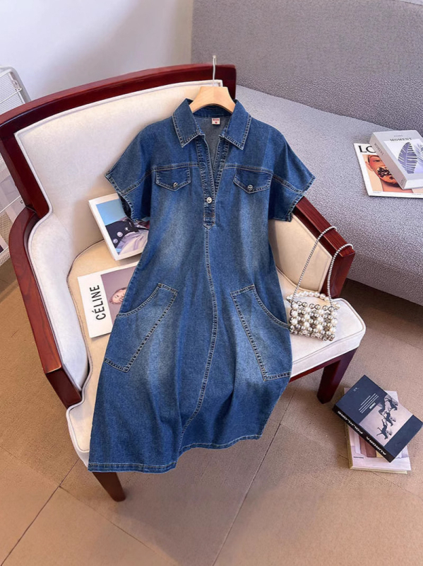 Divatos retró, rugalmas farmerruha, koreai változat, új, V-nyakú, rövid ujjú, karcsúsító, vintage, laza, farmer, középhosszú