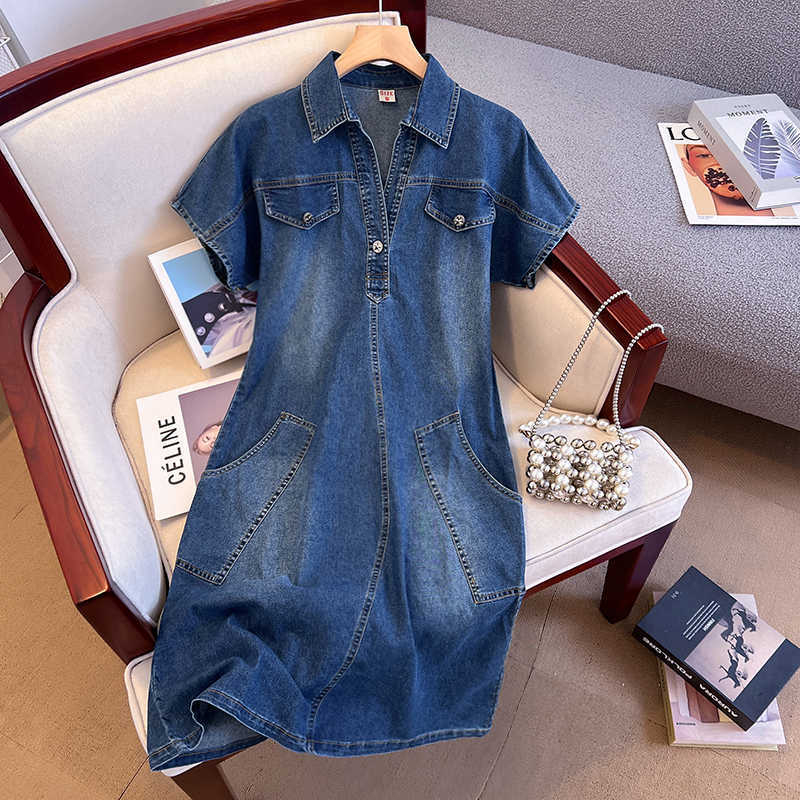 Divatos retró, rugalmas farmerruha, koreai változat, új, V-nyakú, rövid ujjú, karcsúsító, vintage, laza, farmer, középhosszú