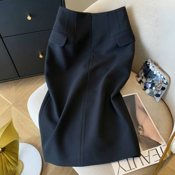 Μαύρη κομψή φούστα κοστουμιού με διασταυρούμενη γραμμή, γυναικεία καλοκαιρινή φούστα 2025, νέο στυλ, δημοφιλές, επαγγελματικό, μεσαίου μήκους, φέτος