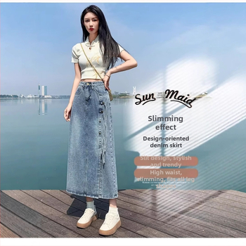 Trendi, sokoldalú, farmer midi szoknya nőknek 2024 nyár új, magas derekú, hasított, A-vonalú, testhezálló hosszú szoknya