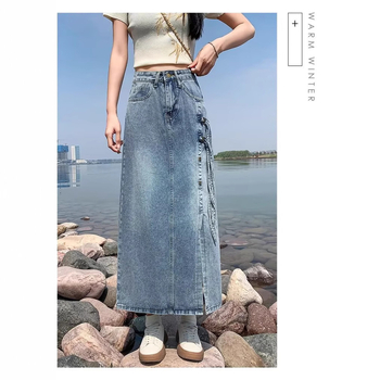 Модерна универсална дънкова миди пола за жени лято 2024, нова дълга облечена пола с висока талия и цепка, А-силует