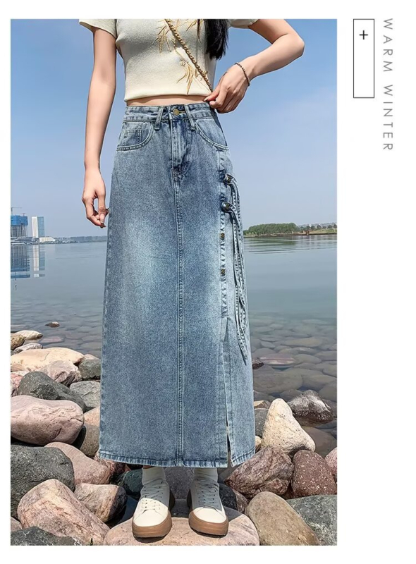 Trendi, sokoldalú, farmer midi szoknya nőknek 2024 nyár új, magas derekú, hasított, A-vonalú, testhezálló hosszú szoknya