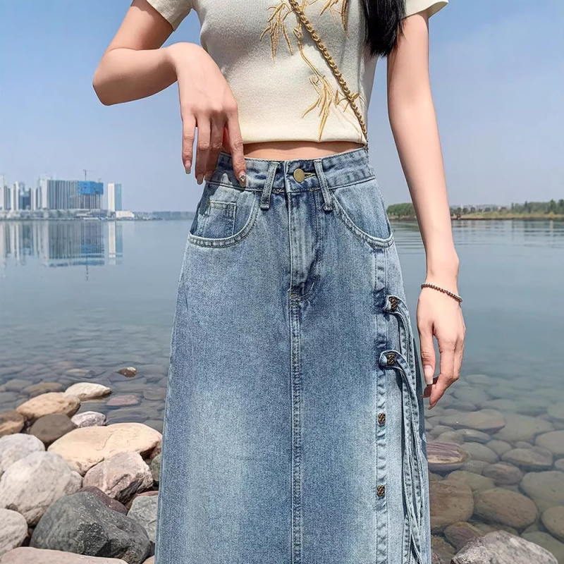 Trendi, sokoldalú, farmer midi szoknya nőknek 2024 nyár új, magas derekú, hasított, A-vonalú, testhezálló hosszú szoknya