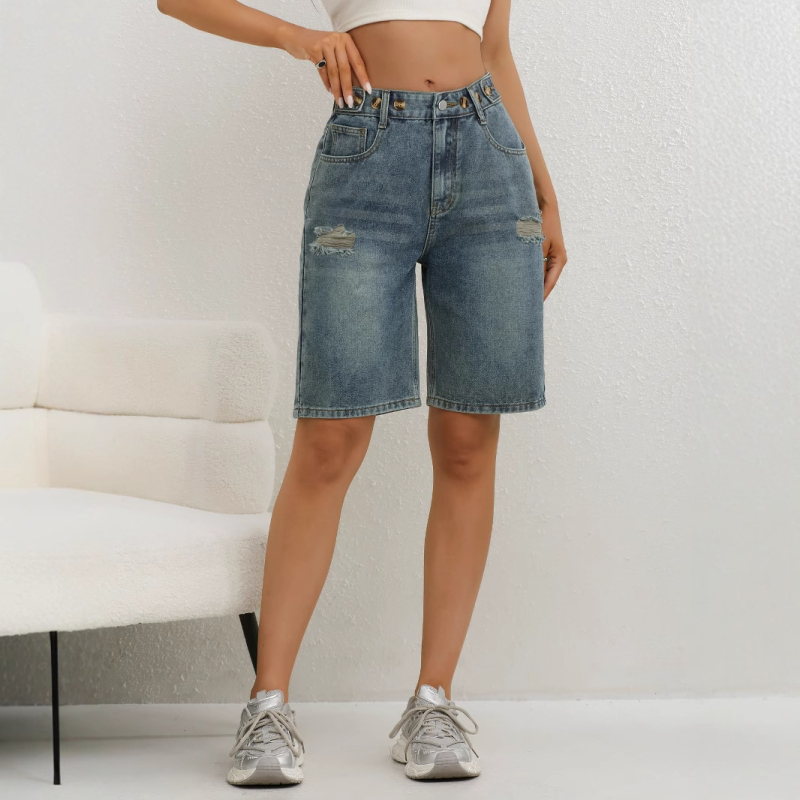 2025 m. plėšytos, laisvos, liekninamosios, reguliuojamo ilgio moteriškos laisvos džinsinės kelnės, kriaušės formos, penkių taškų, europietiško stiliaus