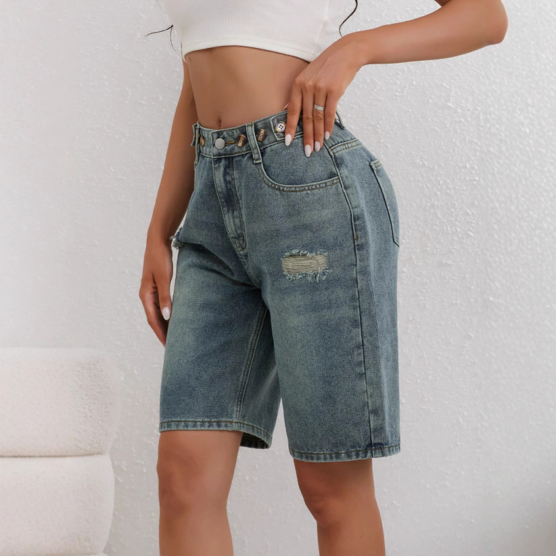 2025 m. plėšytos, laisvos, liekninamosios, reguliuojamo ilgio moteriškos laisvos džinsinės kelnės, kriaušės formos, penkių taškų, europietiško stiliaus